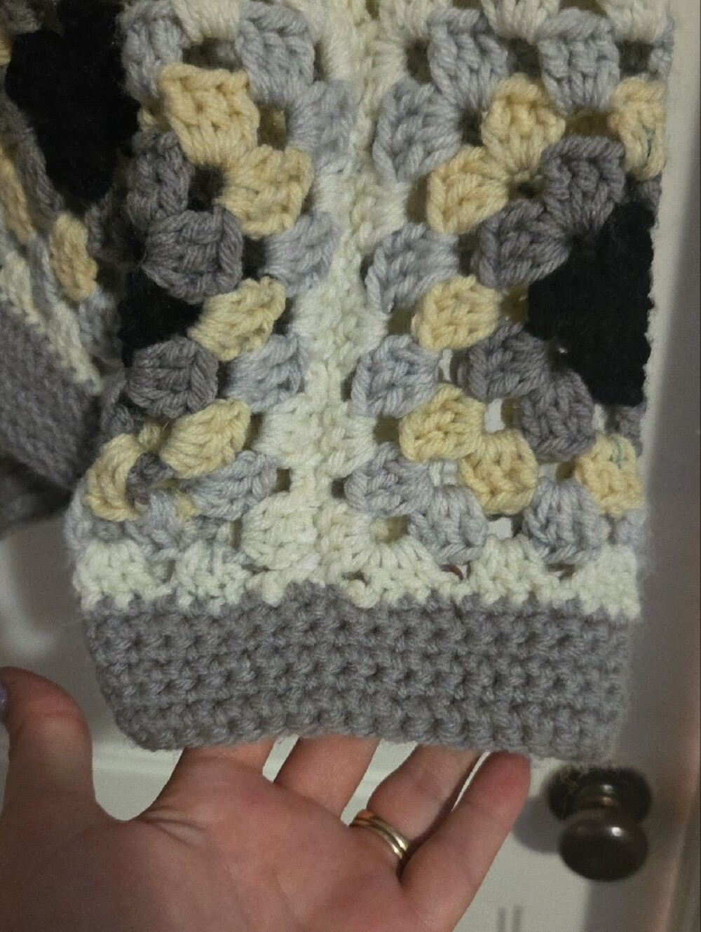 Cozy Gray Crochet Shawl-Collar Cardigan with Cream & Yellow Accents - Picture 2 of 8